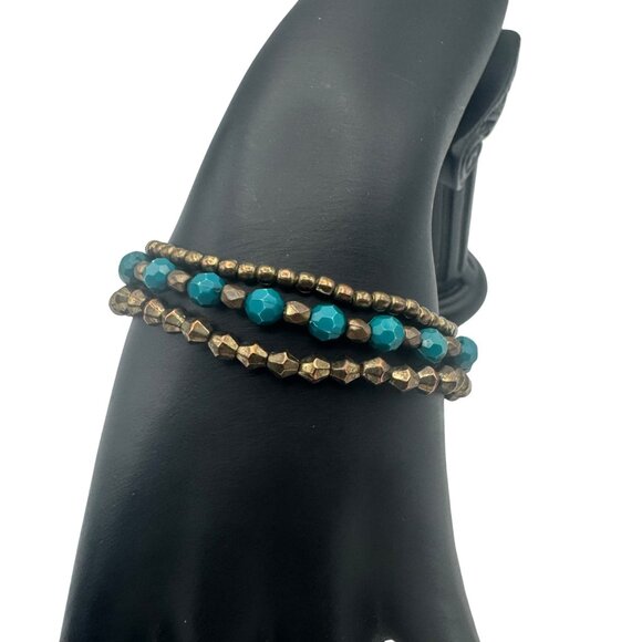 Beaded Goldtone Bracelet Set Elastic Multistrand Faceted Teal Beads - Picture 2 of 3